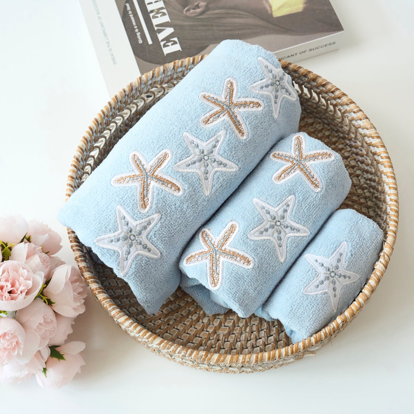 Premium Luxury Decor 100% Cotton Soft Bathroom Modern Embroidered 3 Piece Towel Set, Starfish Blue Pattern