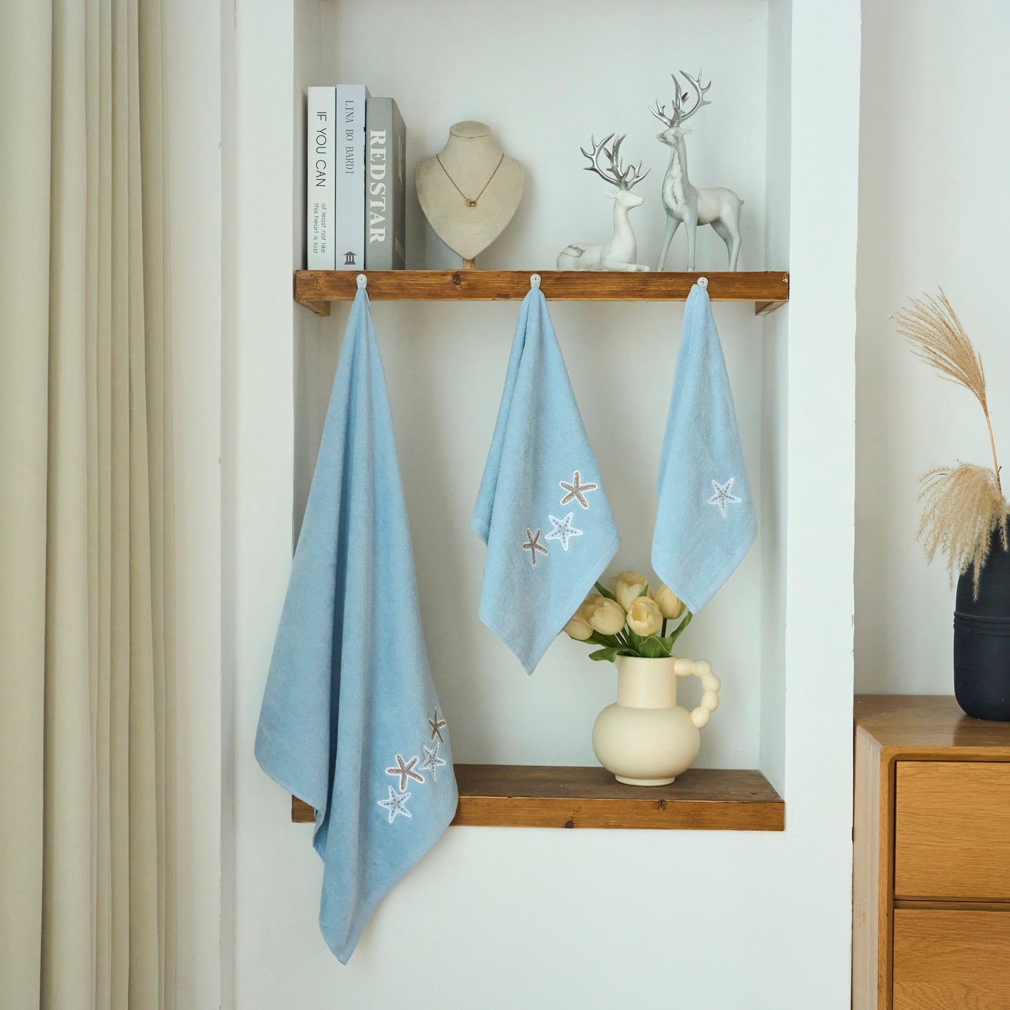 Premium Luxury Decor 100% Cotton Soft Bathroom Modern Embroidered 3 Piece Towel Set, Starfish Blue Pattern