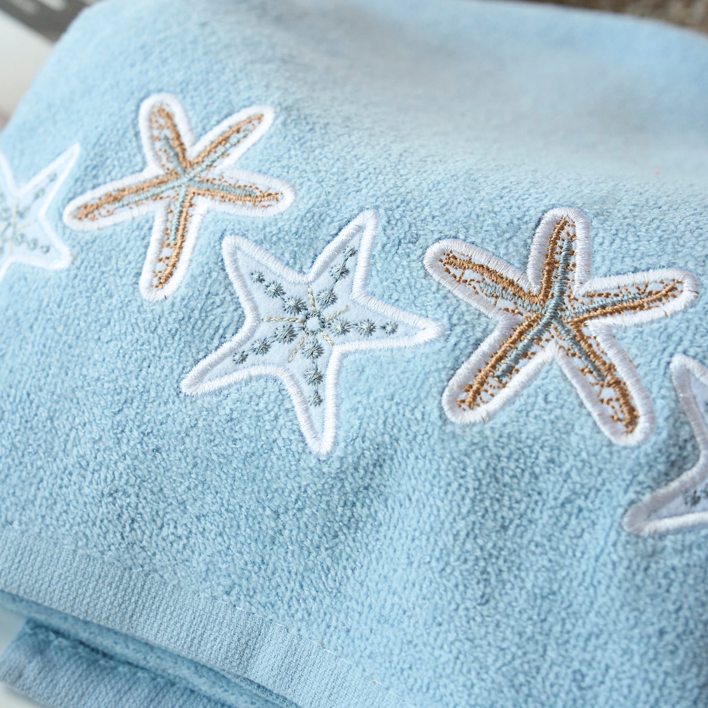 Premium Luxury Decor 100% Cotton Soft Bathroom Modern Embroidered 3 Piece Towel Set, Starfish Blue Pattern