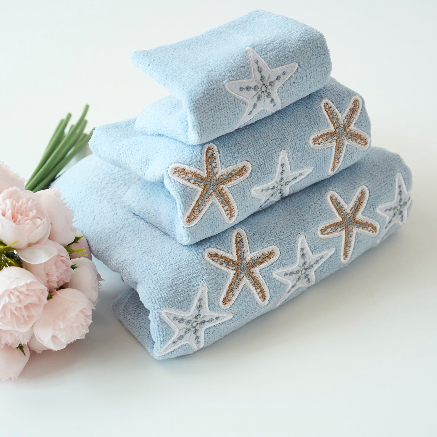 Premium Luxury Decor 100% Cotton Soft Bathroom Modern Embroidered 3 Piece Towel Set, Starfish Blue Pattern
