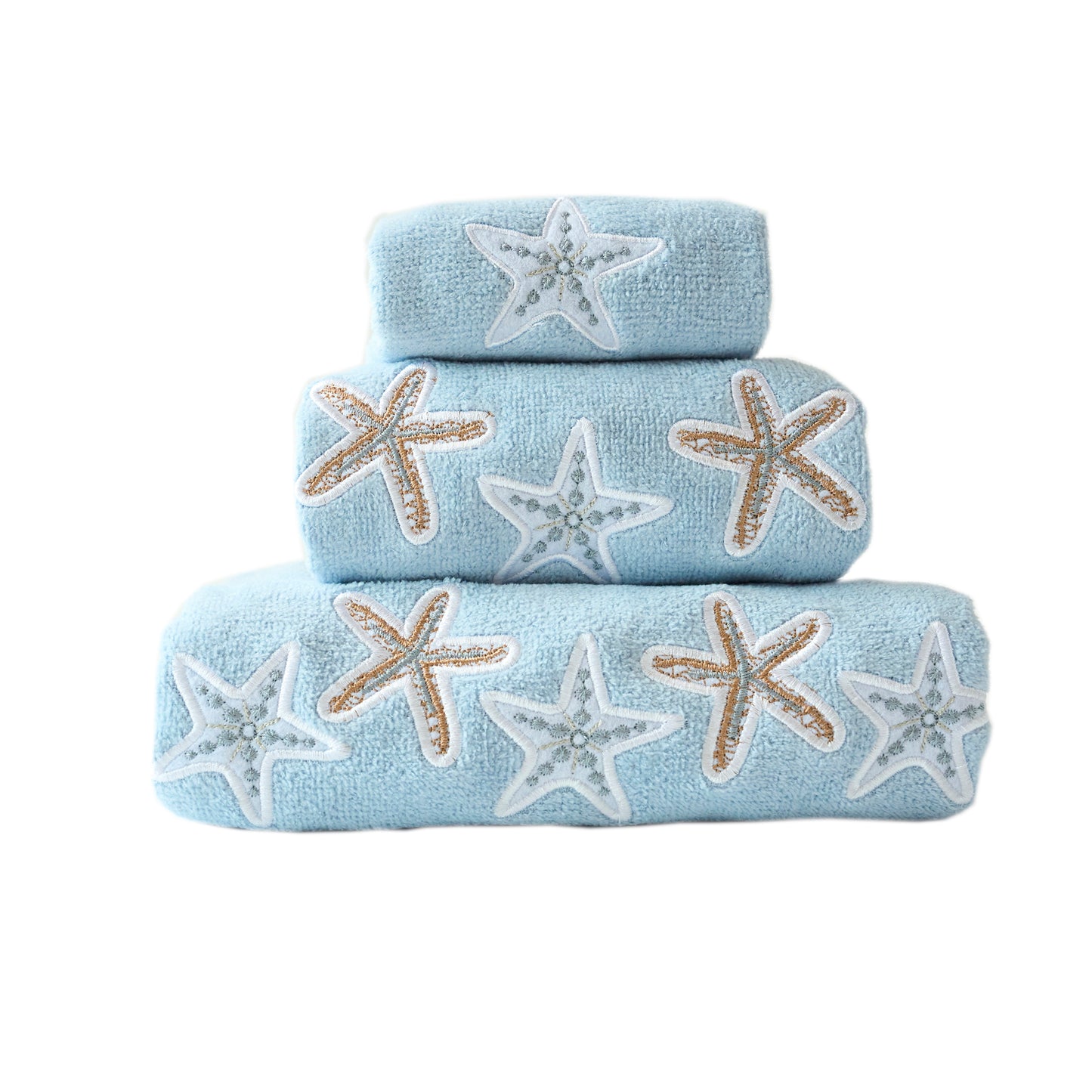 Premium Luxury Decor 100% Cotton Soft Bathroom Modern Embroidered 3 Piece Towel Set, Starfish Blue Pattern