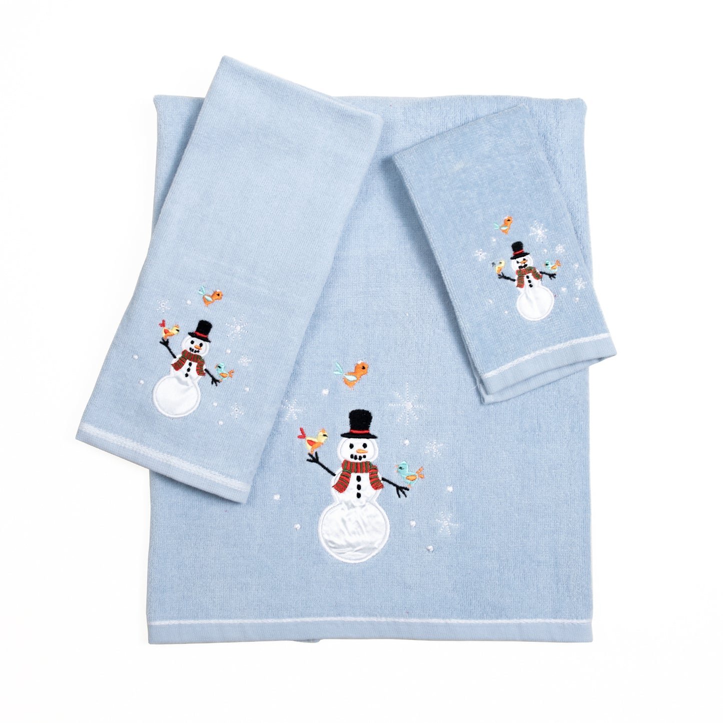 Premium Luxury Xmas Decor Soft 100% Cotton Embroidered Bathroom Christmas 3 Piece Towel Set, Blue Color Snowman
