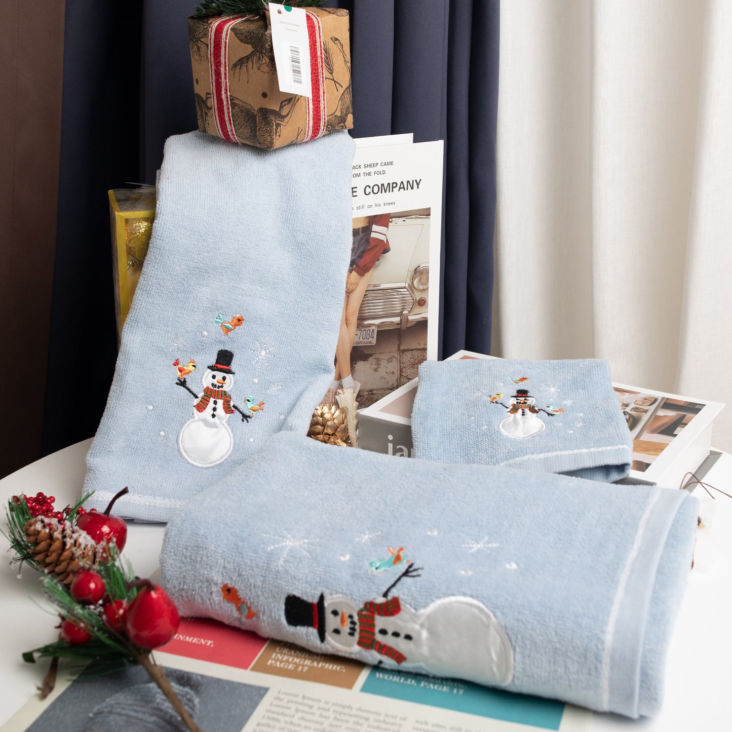 Premium Luxury Xmas Decor Soft 100% Cotton Embroidered Bathroom Christmas 3 Piece Towel Set, Blue Color Snowman
