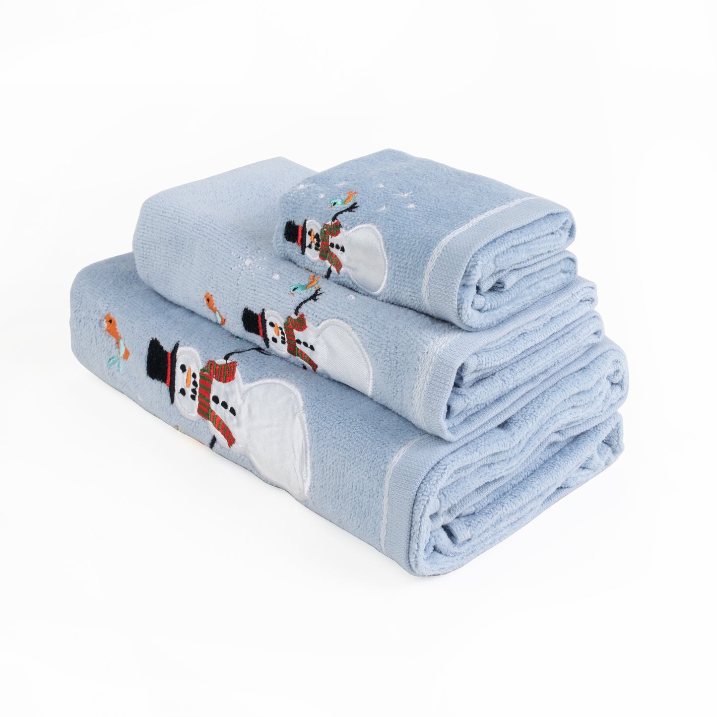 Premium Luxury Xmas Decor Soft 100% Cotton Embroidered Bathroom Christmas 3 Piece Towel Set, Blue Color Snowman