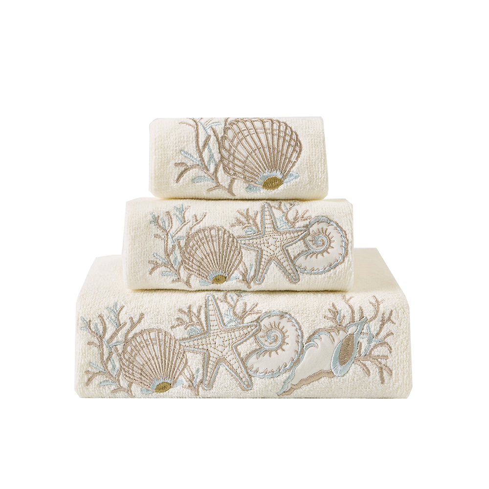 Premium Luxury Decor 100% Cotton Soft Bathroom Modern 3 Piece Embroidered Towel Set, Seashell and Starfish with Ivory Base
