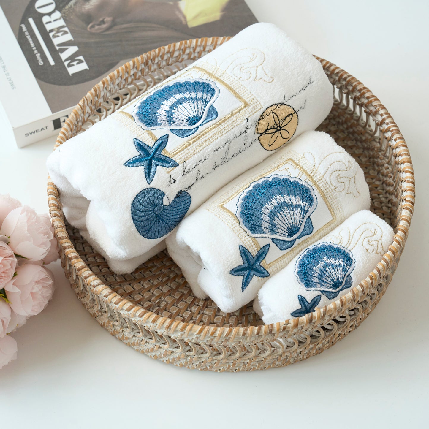 Premium Luxury Decor 100% Cotton Soft Bathroom Modern Embroidered 3 Piece Towel Set, Seashell and Starfish Pattern