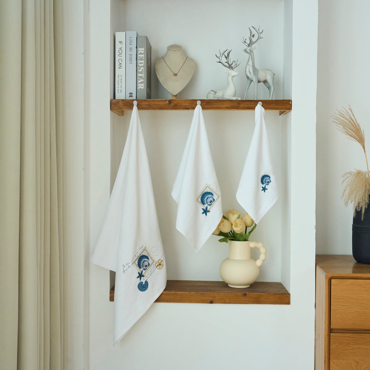 Premium Luxury Decor 100% Cotton Soft Bathroom Modern Embroidered 3 Piece Towel Set, Seashell and Starfish Pattern