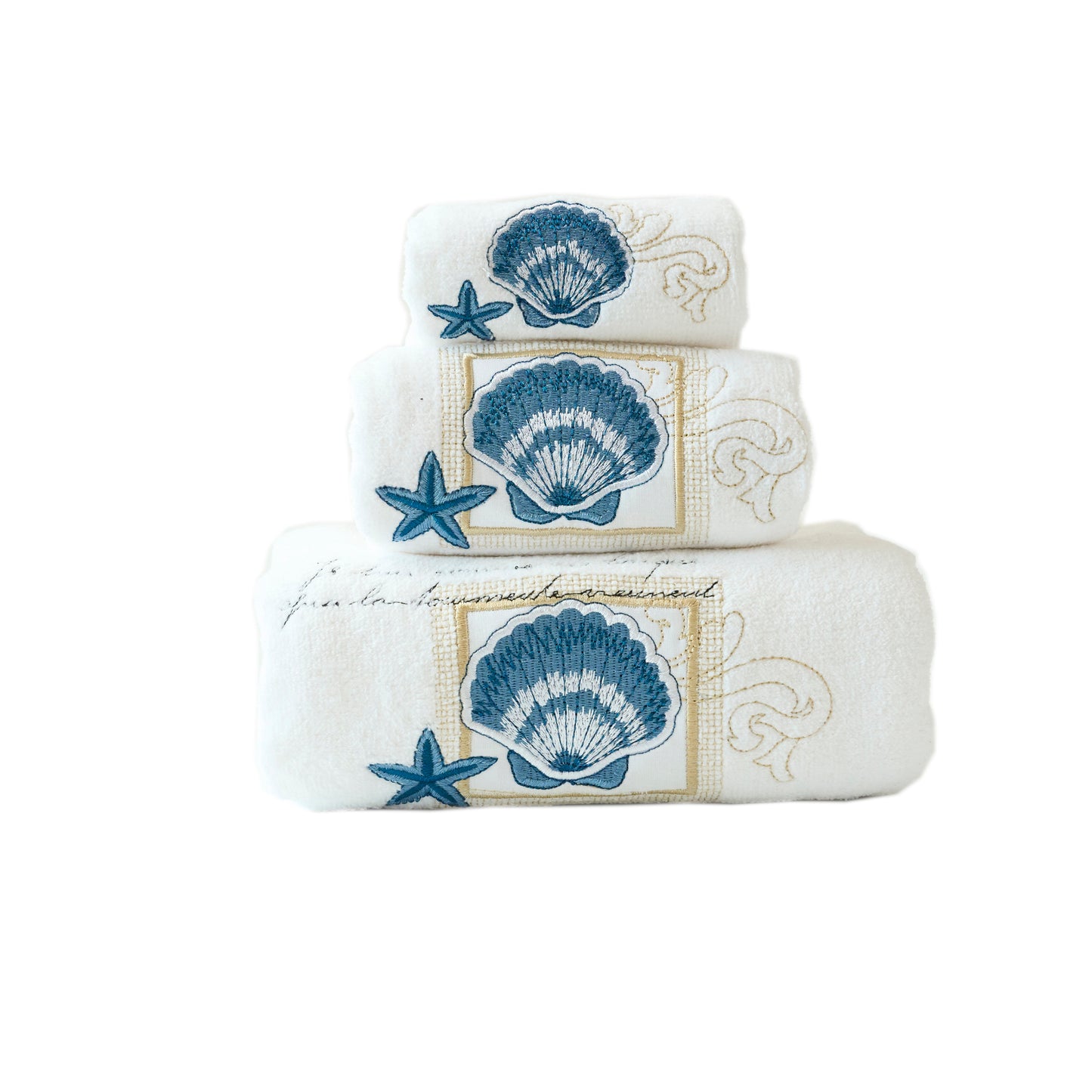 Premium Luxury Decor 100% Cotton Soft Bathroom Modern Embroidered 3 Piece Towel Set, Seashell and Starfish Pattern