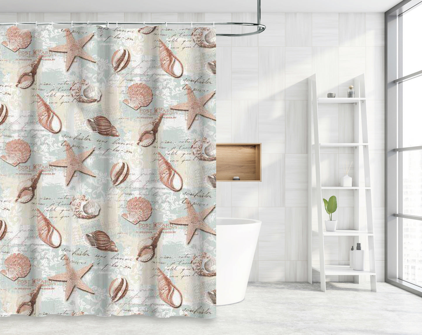 Waterproof Decor Printed Shower Curtain with Roller Hooks, Seashell and Starfish Pattern
