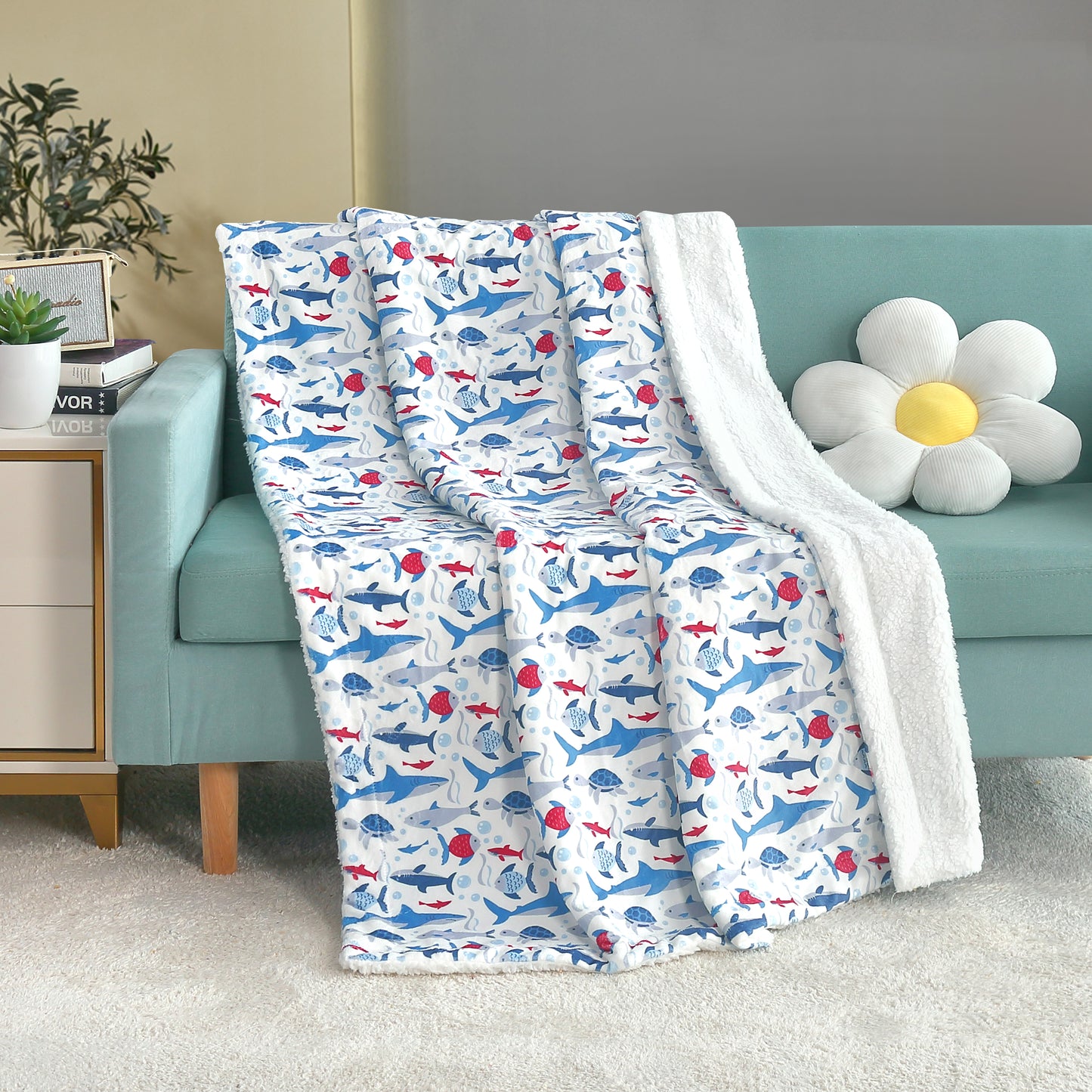 Kid Printed Fluffy Plush Soft Warm Flannel Fleece Children Throw Sherpa Kids Blanket, 40" x 50" Shark Turtle