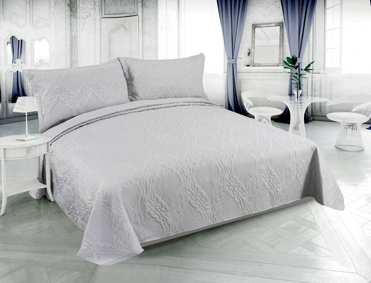 Embossed Pinsonic Solid Bedding Soft Summer Quilt Set, Silver Color