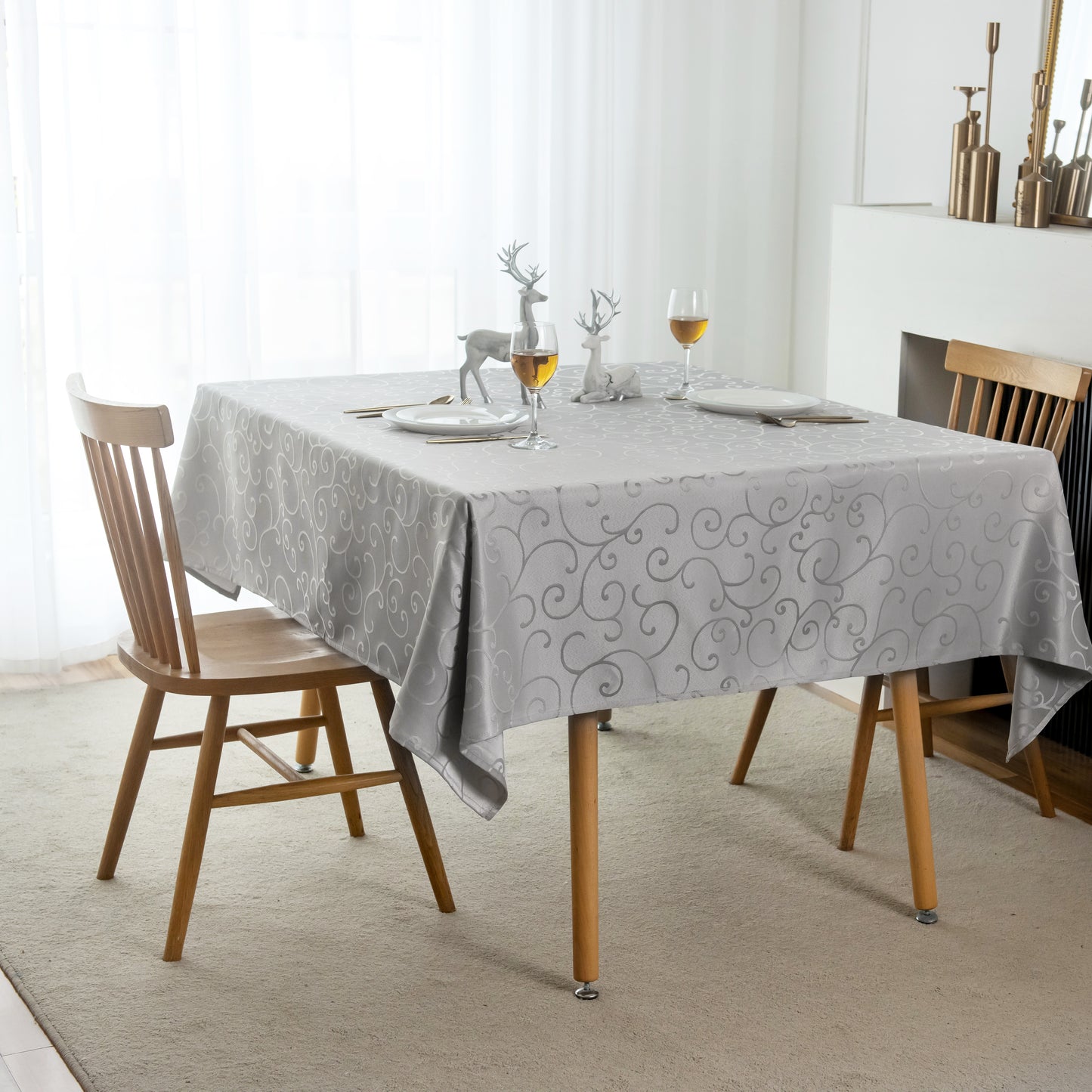 Jacquard Waterproof Thick Luxury Premium Solid Liquid Repellent Stain Resistant Decorative Home Kitchen Tablecloth, Silver Color