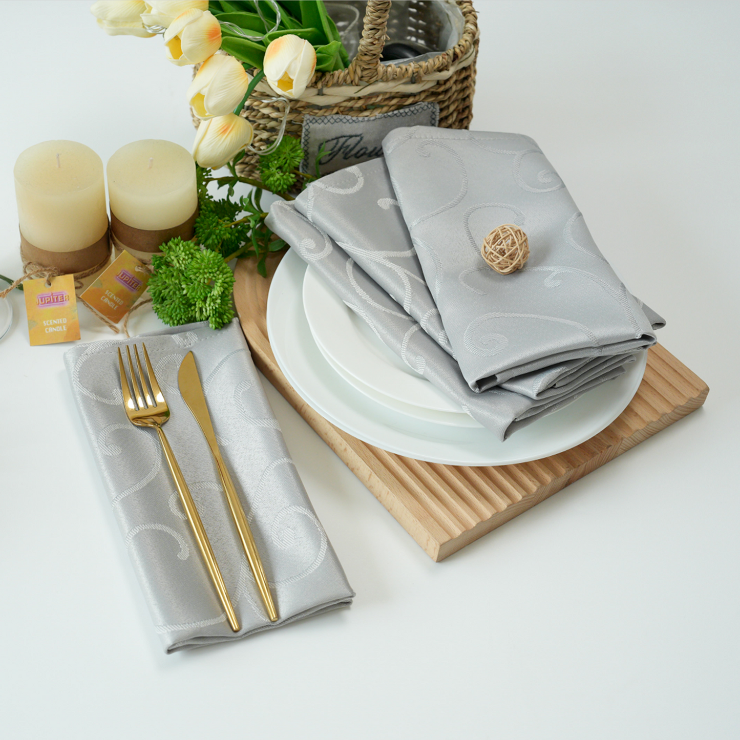 Jacquard Waterproof Thick Luxury Premium Solid Liquid Repellent Stain Resistant Decorative Home Kitchen Tablecloth, Silver Color