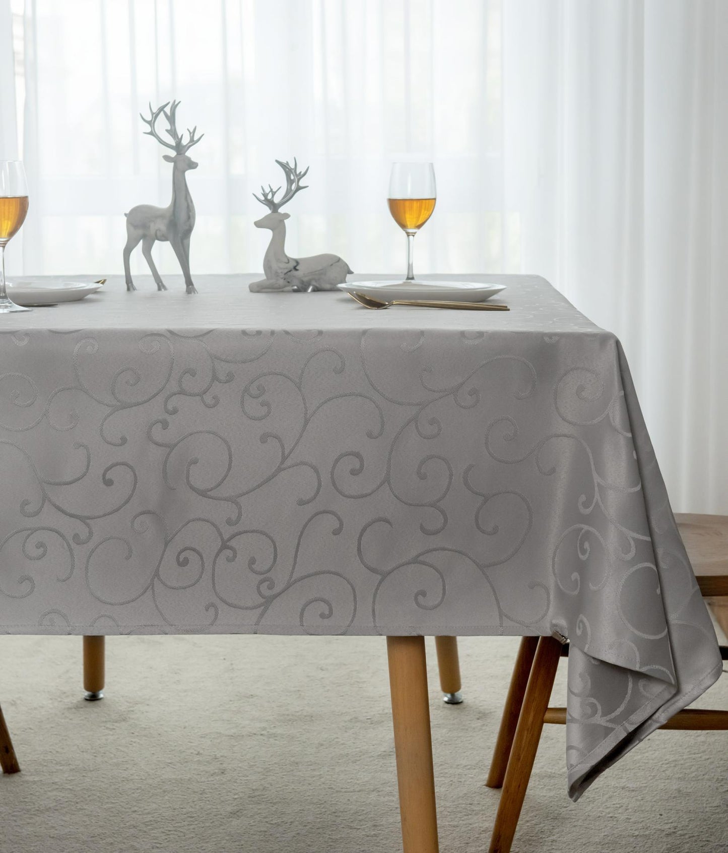 Jacquard Waterproof Thick Luxury Premium Solid Liquid Repellent Stain Resistant Decorative Home Kitchen Tablecloth, Silver Color