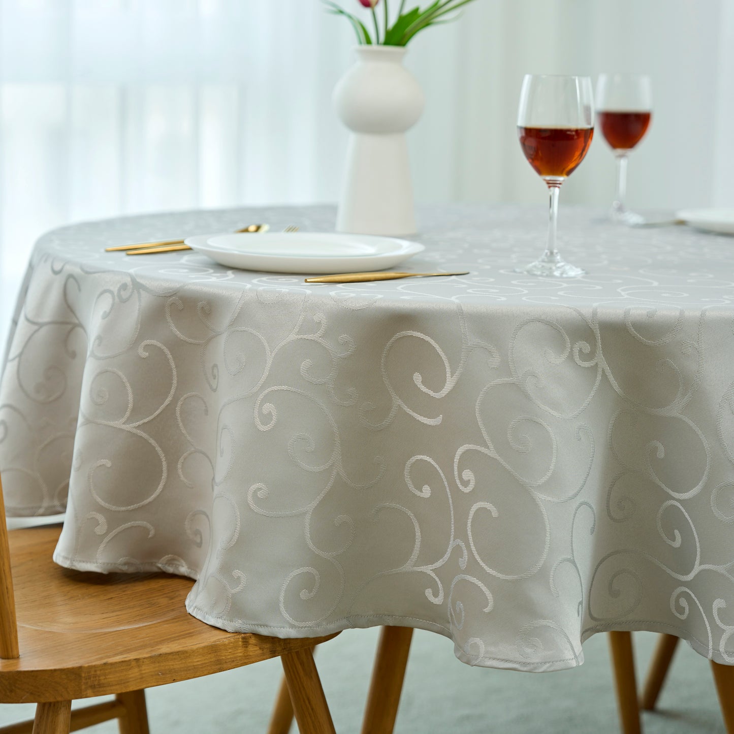 Jacquard Waterproof Thick Luxury Premium Solid Liquid Repellent Stain Resistant Decorative Home Kitchen Tablecloth, Silver Color