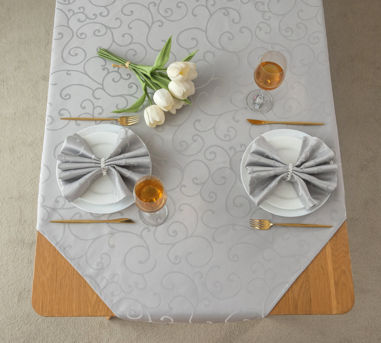 Jacquard Waterproof Thick Luxury Premium Solid Liquid Repellent Stain Resistant Decorative Home Kitchen Tablecloth, Silver Color