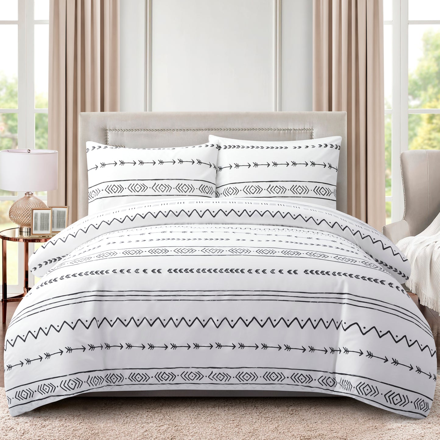 Printed Rayon from Bamboo Soft Bedding Silky Zipper All Season Duvet Cover Set, Simplify Modern Geometric