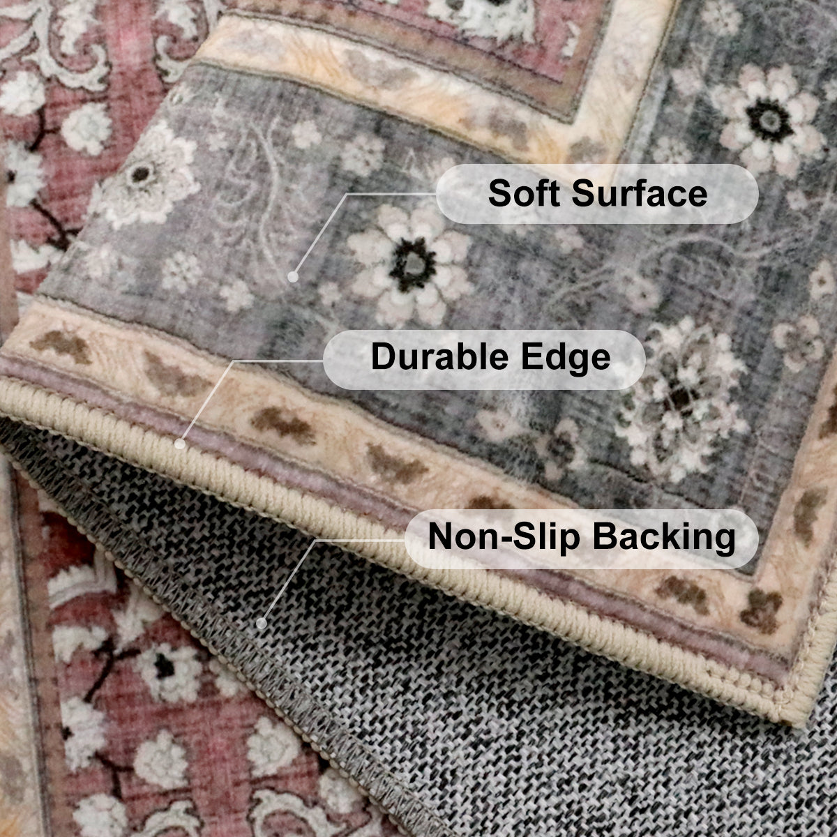 Decor Non-Slip Back Soft Runner Area Carpet Floor Area Rug Indoor Accent Decorative Mat, Elegant Grey Plum Floral