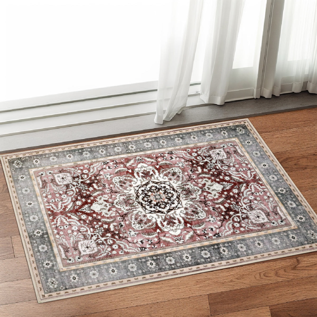 Decor Non-Slip Back Soft Runner Area Carpet Floor Area Rug Indoor Accent Decorative Mat, Elegant Grey Plum Floral