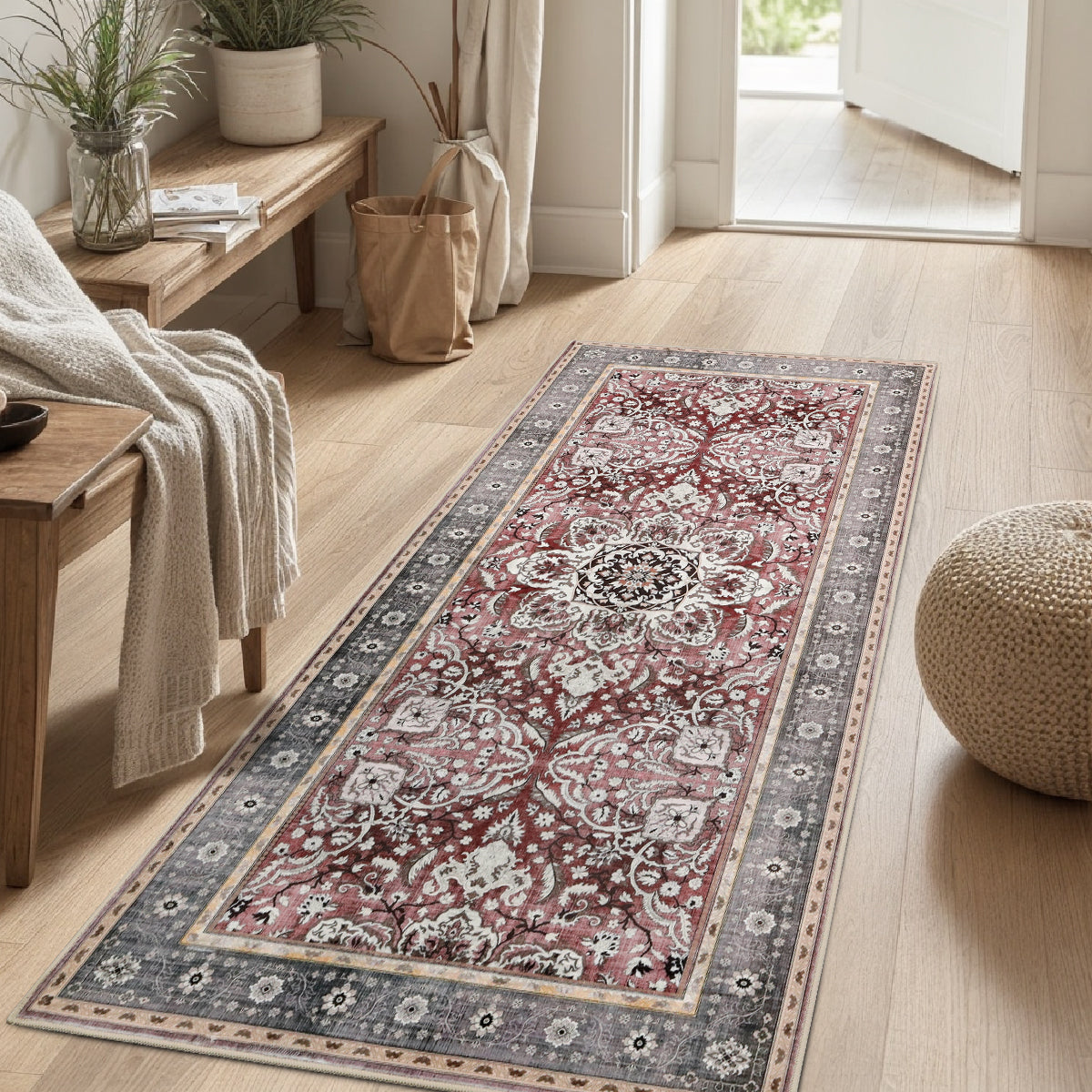 Decor Non-Slip Back Soft Runner Area Carpet Floor Area Rug Indoor Accent Decorative Mat, Elegant Grey Plum Floral