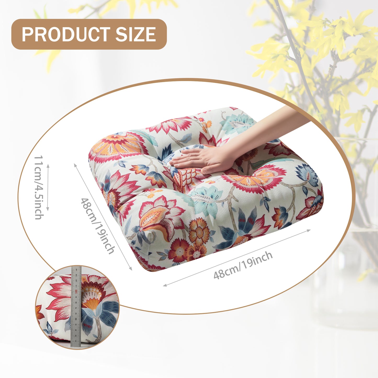 Premium Thick Comfy Seat Patio Pad Tufted Textured Printed Outdoor Chair Cushion 19 x 19 x 4 Inch, Summer Red Floral
