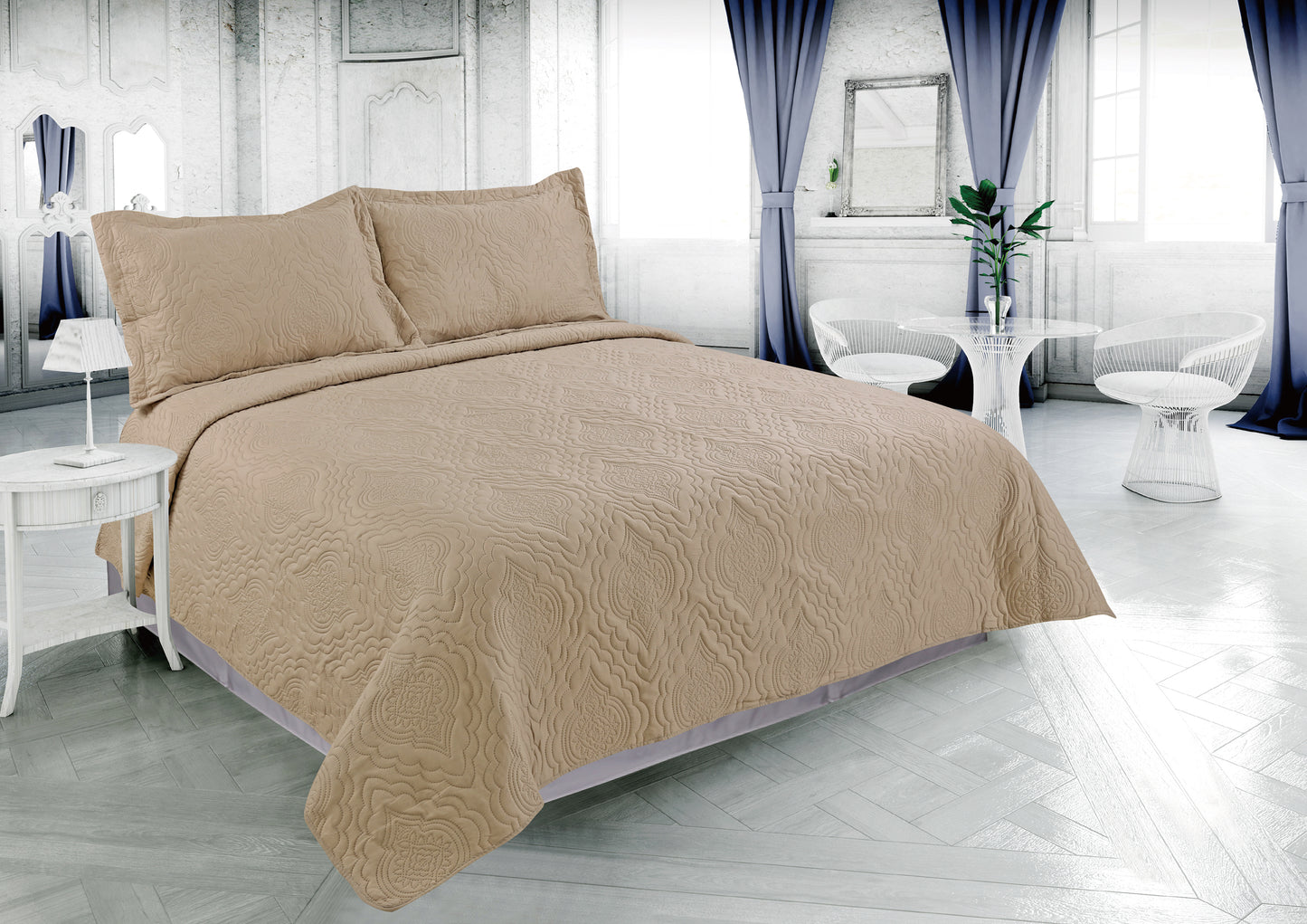 Embossed Pinsonic Solid Bedding Soft Summer Quilt Set, Taupe Color