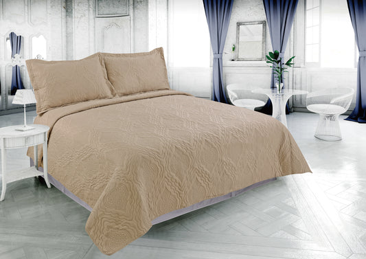 Embossed Pinsonic Solid Bedding Soft Summer Quilt Set, Taupe Color