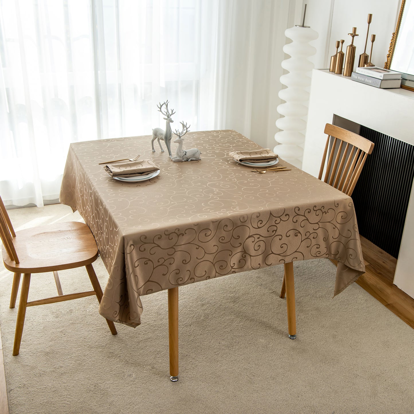 Jacquard Waterproof Thick Luxury Premium Solid Liquid Repellent Stain Resistant Decorative Home Kitchen Tablecloth, Taupe Color