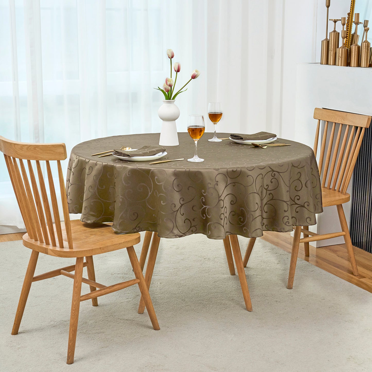 Jacquard Waterproof Thick Luxury Premium Solid Liquid Repellent Stain Resistant Decorative Home Kitchen Tablecloth, Taupe Color