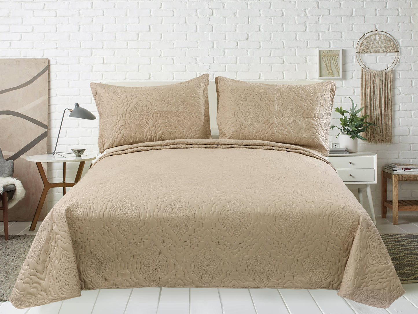 Embossed Pinsonic Solid Bedding Soft Summer Quilt Set, Taupe Color