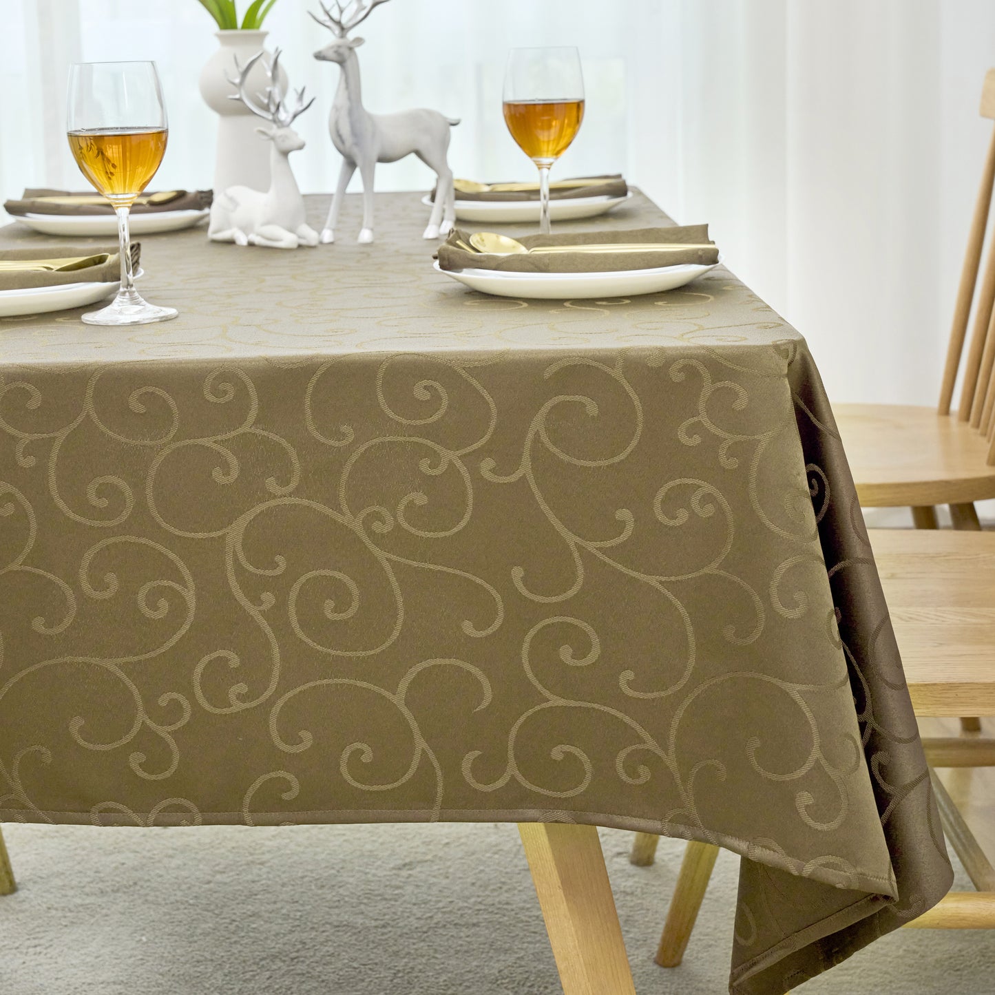 Jacquard Waterproof Thick Luxury Premium Solid Liquid Repellent Stain Resistant Decorative Home Kitchen Tablecloth, Taupe Color