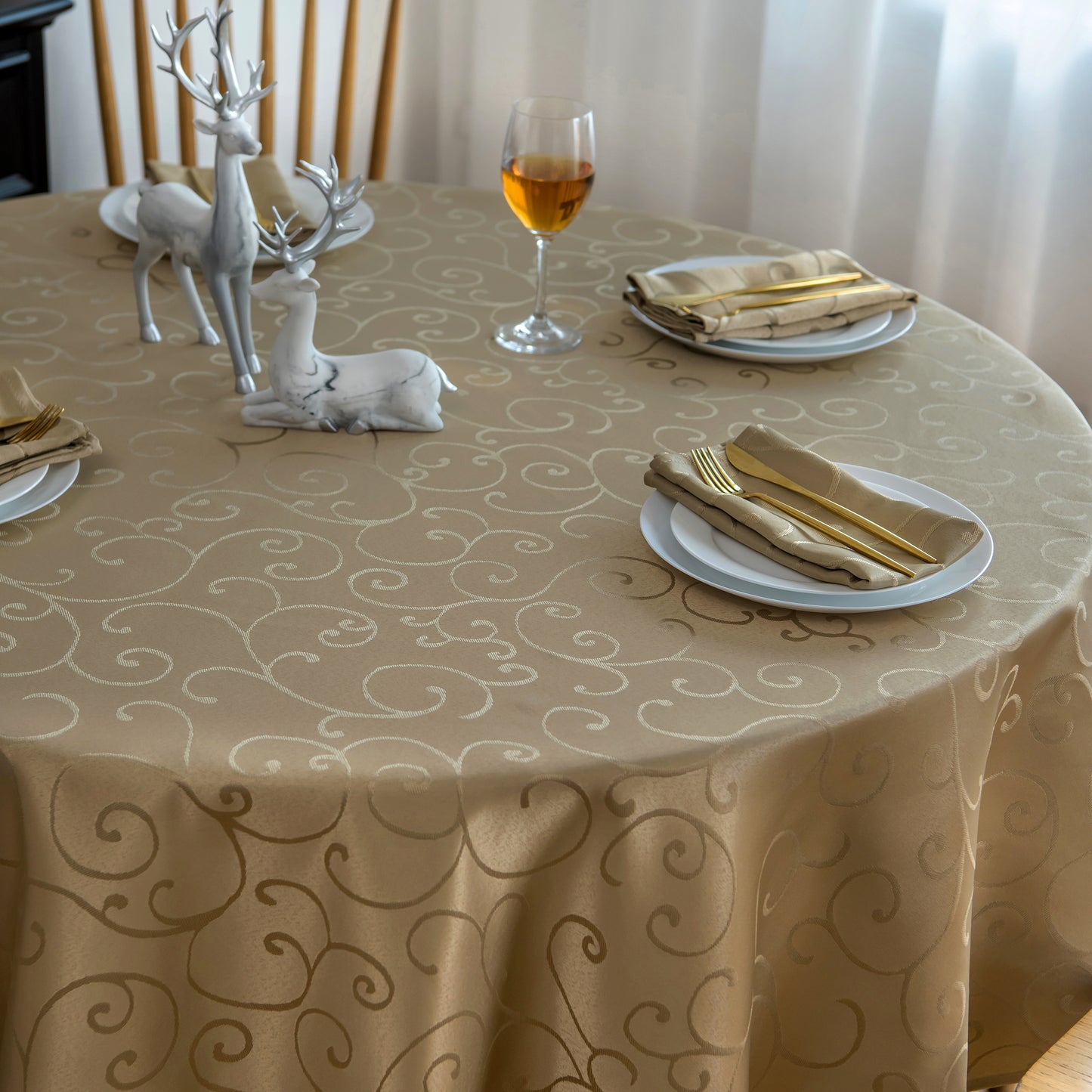 Jacquard Waterproof Thick Luxury Premium Solid Liquid Repellent Stain Resistant Decorative Home Kitchen Tablecloth, Taupe Color