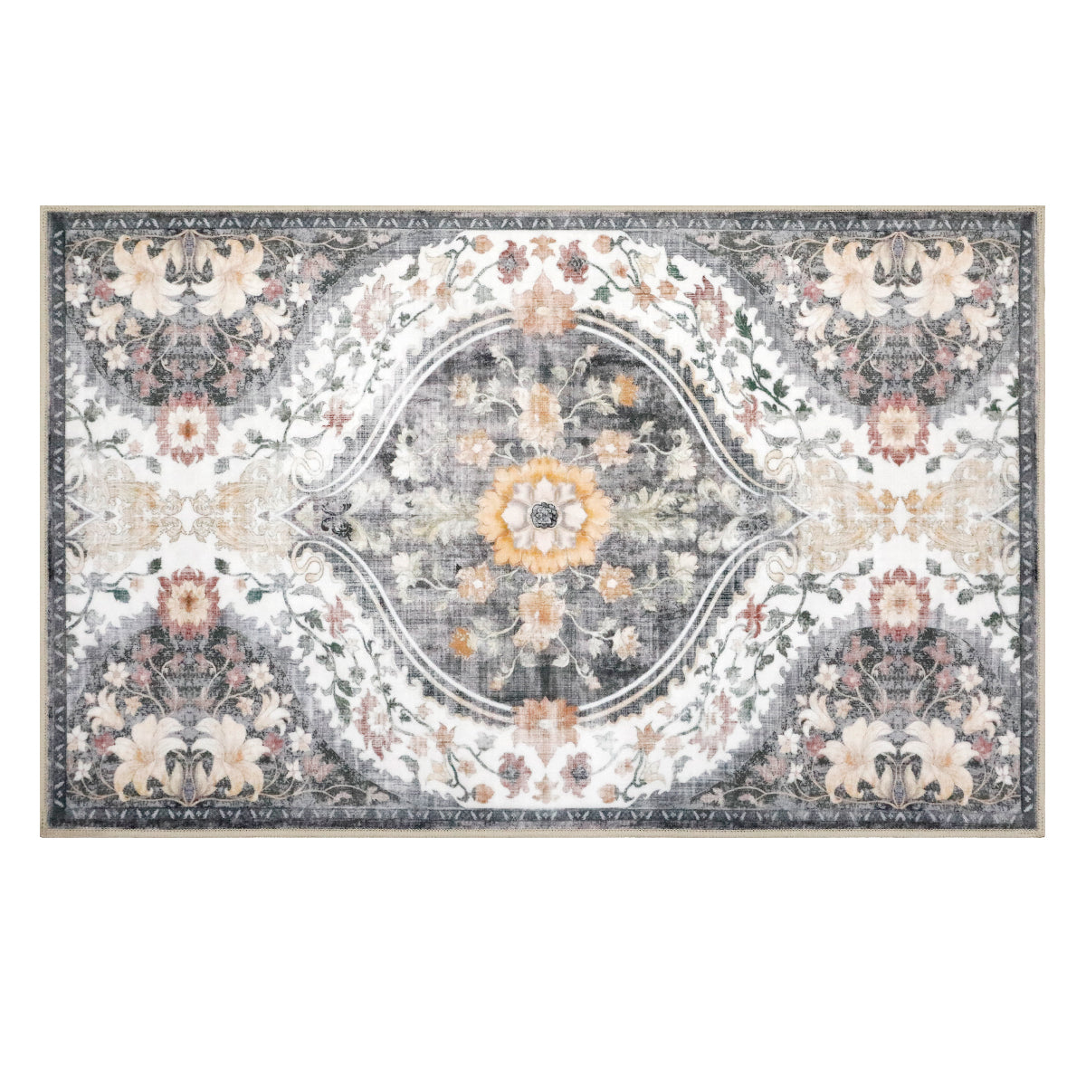 Decor Non-Slip Back Soft Runner Area Carpet Floor Area Rug Indoor Accent Decorative Mat, Elegant Grey Cream Lily Floral