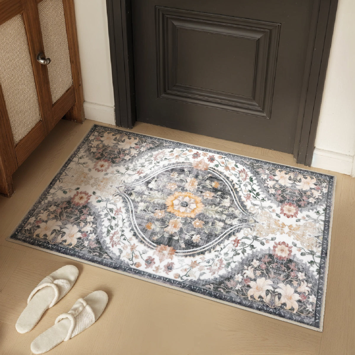 Decor Non-Slip Back Soft Runner Area Carpet Floor Area Rug Indoor Accent Decorative Mat, Elegant Grey Cream Lily Floral