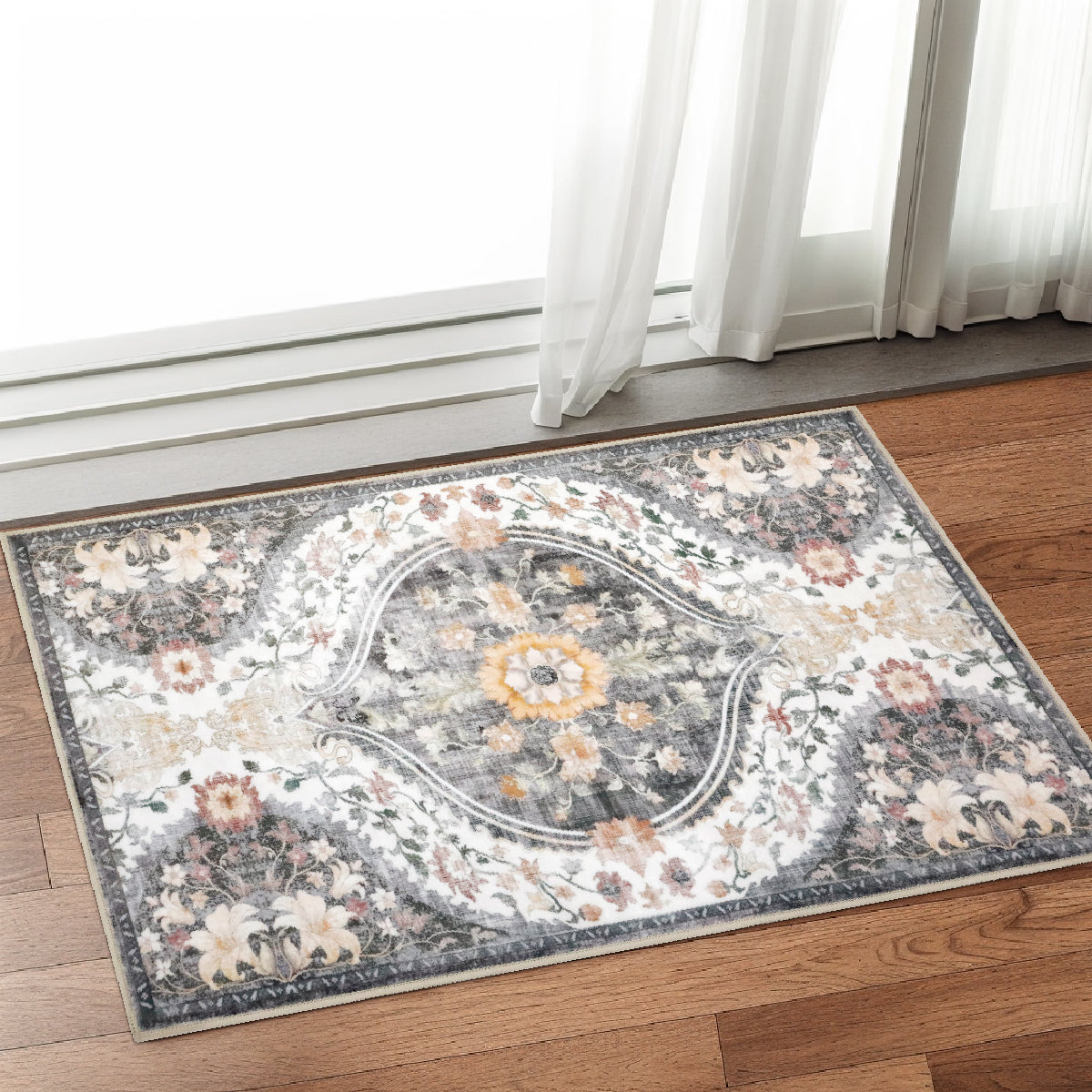 Decor Non-Slip Back Soft Runner Area Carpet Floor Area Rug Indoor Accent Decorative Mat, Elegant Grey Cream Lily Floral