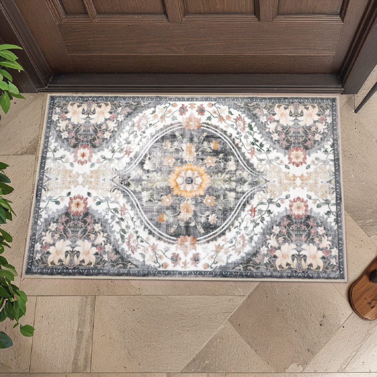 Decor Non-Slip Back Soft Runner Area Carpet Floor Area Rug Indoor Accent Decorative Mat, Elegant Grey Cream Lily Floral