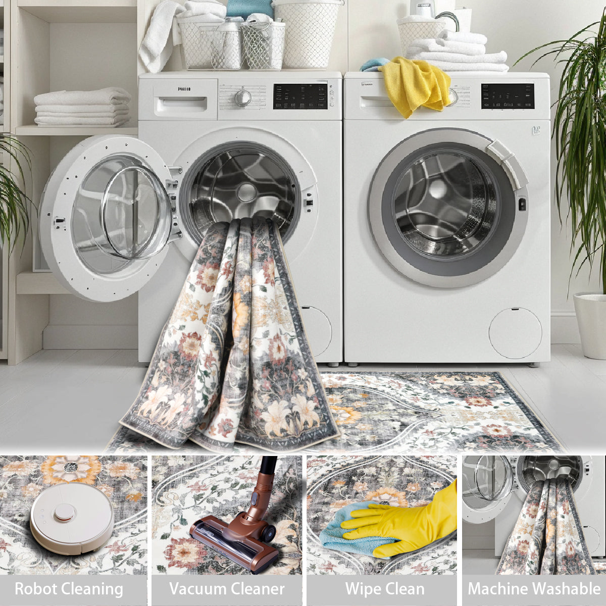 Decor Non-Slip Back Soft Runner Area Carpet Floor Area Rug Indoor Accent Decorative Mat, Elegant Grey Cream Lily Floral