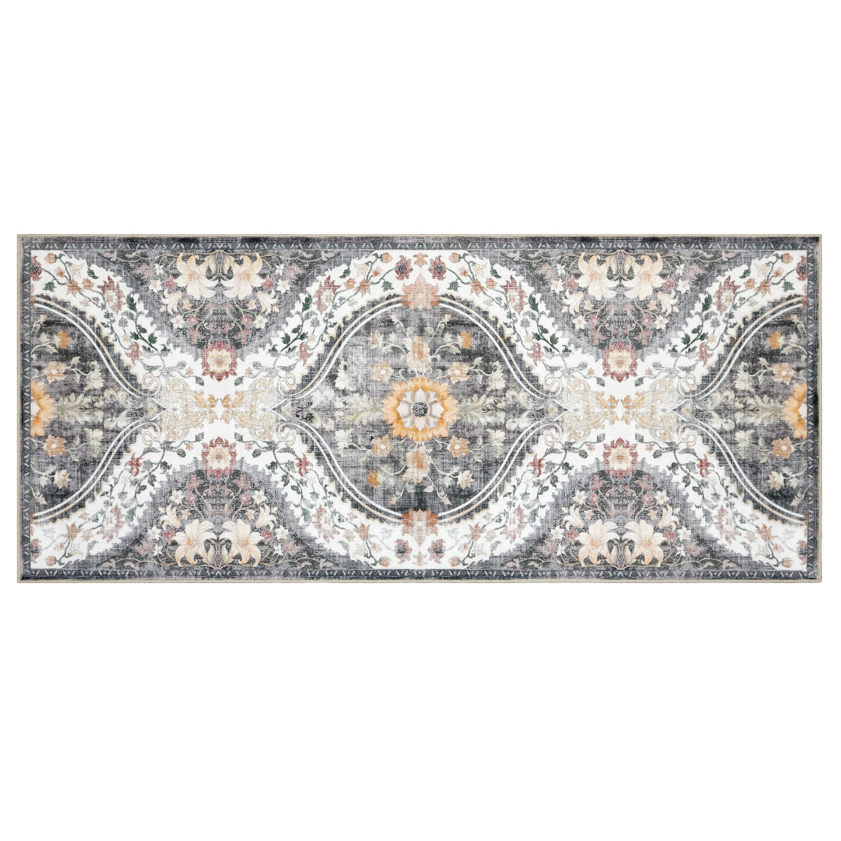 Decor Non-Slip Back Soft Runner Area Carpet Floor Area Rug Indoor Accent Decorative Mat, Elegant Grey Cream Lily Floral