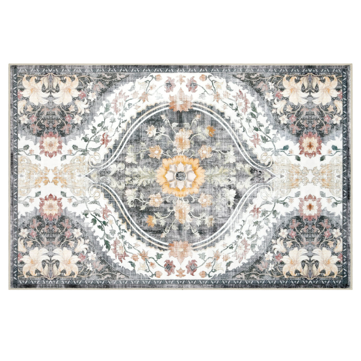 Decor Non-Slip Back Soft Runner Area Carpet Floor Area Rug Indoor Accent Decorative Mat, Elegant Grey Cream Lily Floral