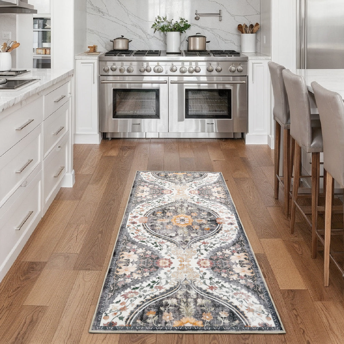 Decor Non-Slip Back Soft Runner Area Carpet Floor Area Rug Indoor Accent Decorative Mat, Elegant Grey Cream Lily Floral