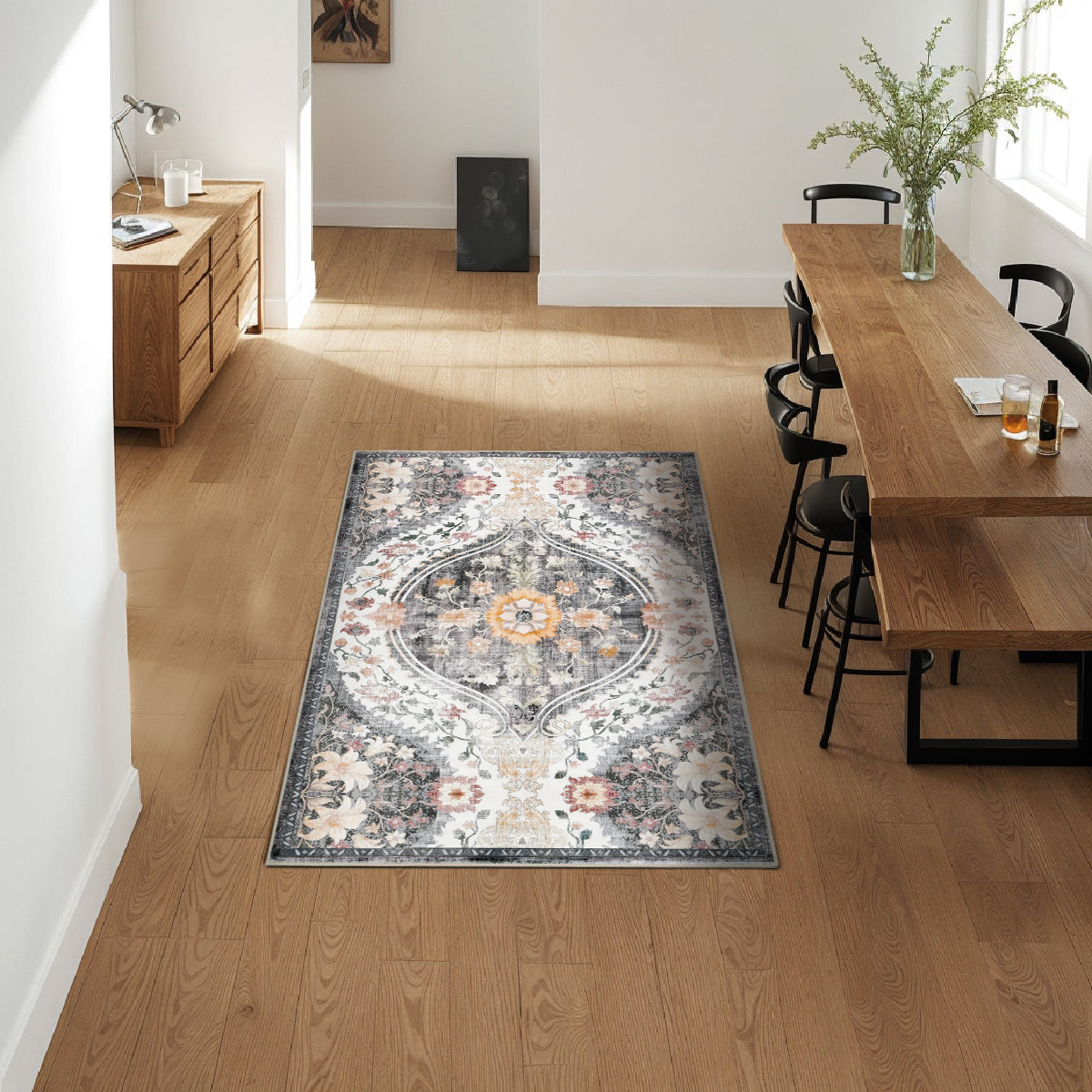 Decor Non-Slip Back Soft Runner Area Carpet Floor Area Rug Indoor Accent Decorative Mat, Elegant Grey Cream Lily Floral