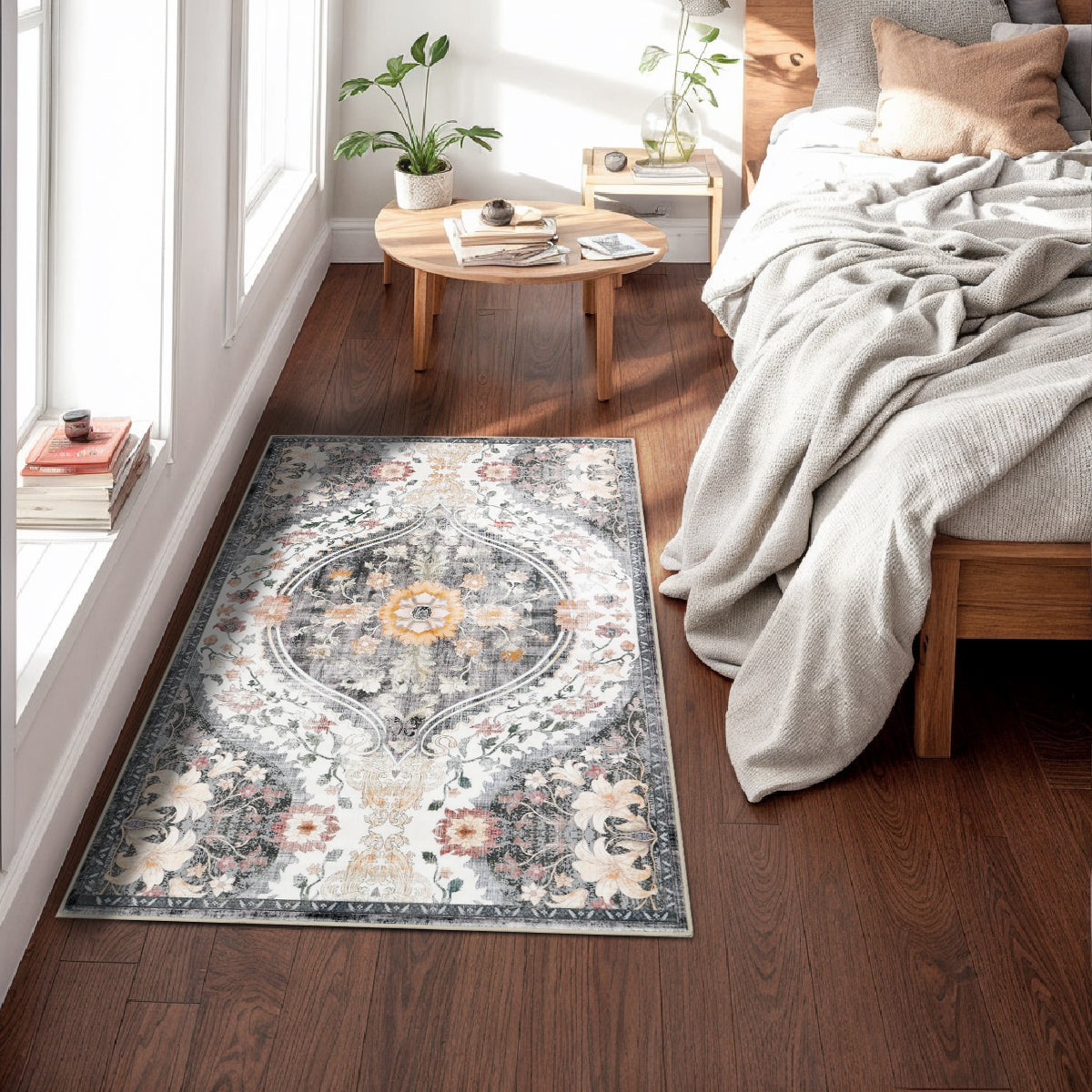 Decor Non-Slip Back Soft Runner Area Carpet Floor Area Rug Indoor Accent Decorative Mat, Elegant Grey Cream Lily Floral