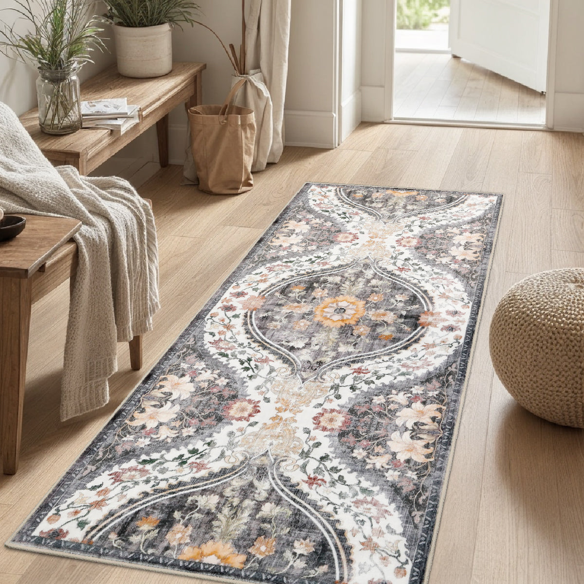 Decor Non-Slip Back Soft Runner Area Carpet Floor Area Rug Indoor Accent Decorative Mat, Elegant Grey Cream Lily Floral