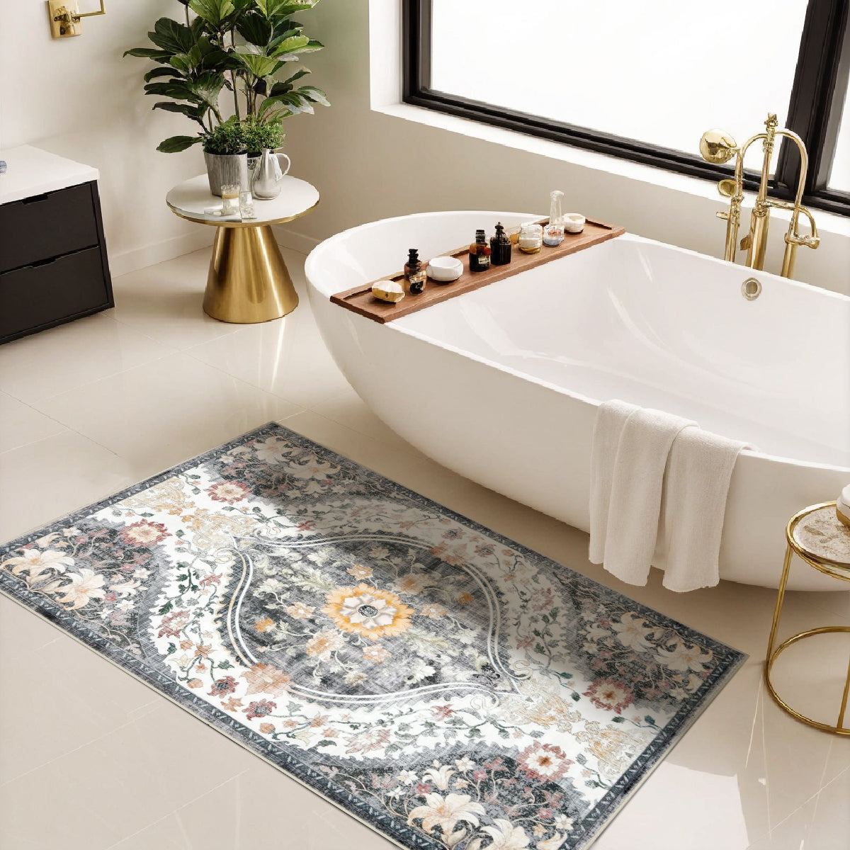 Decor Non-Slip Back Soft Runner Area Carpet Floor Area Rug Indoor Accent Decorative Mat, Elegant Grey Cream Lily Floral