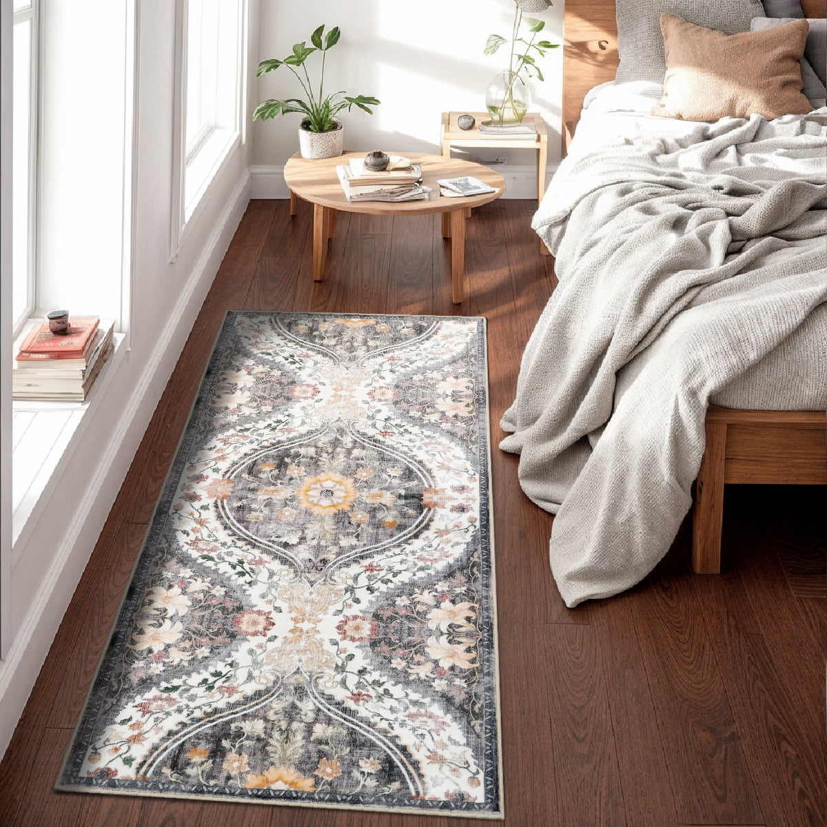 Decor Non-Slip Back Soft Runner Area Carpet Floor Area Rug Indoor Accent Decorative Mat, Elegant Grey Cream Lily Floral