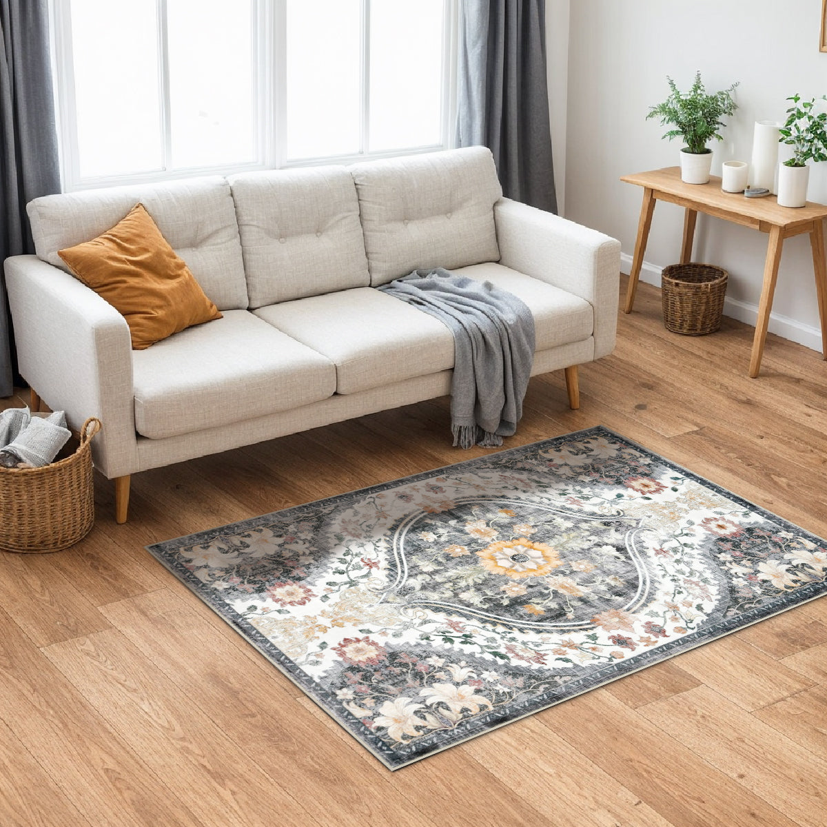 Decor Non-Slip Back Soft Runner Area Carpet Floor Area Rug Indoor Accent Decorative Mat, Elegant Grey Cream Lily Floral