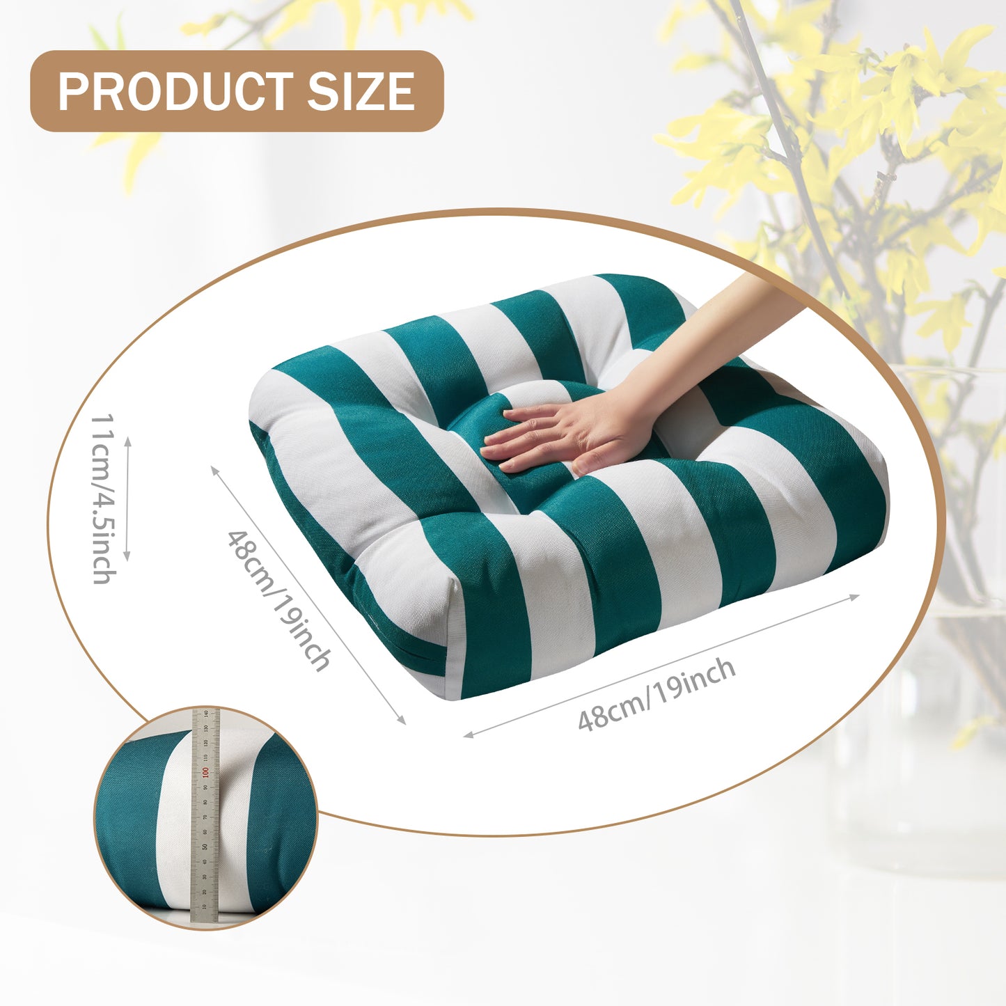 Premium Thick Comfy Seat Patio Pad Tufted Textured Printed Outdoor Chair Cushion 19 x 19 x 4 Inch, Teal White Stripes