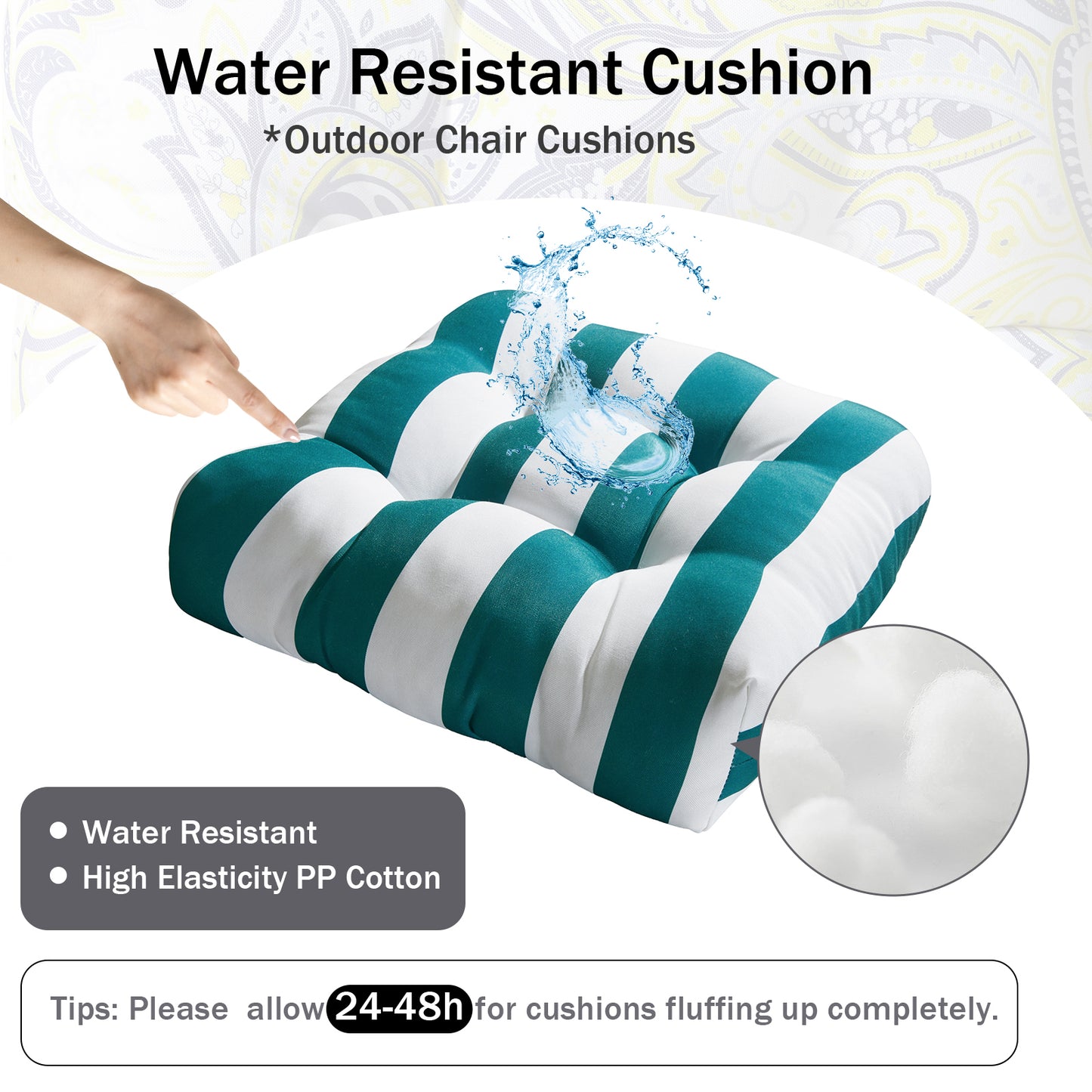 Premium Thick Comfy Seat Patio Pad Tufted Textured Printed Outdoor Chair Cushion 19 x 19 x 4 Inch, Teal White Stripes