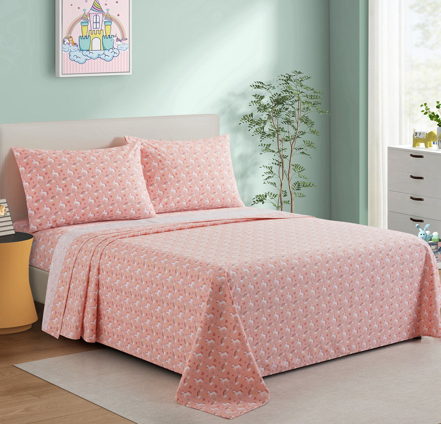 Kids Girls Toddlers Printed 600 Thread Count Soft Deep Pocket Cotton Percale All Season Bedding Sheet Set, Pink Unicorn Rainbow