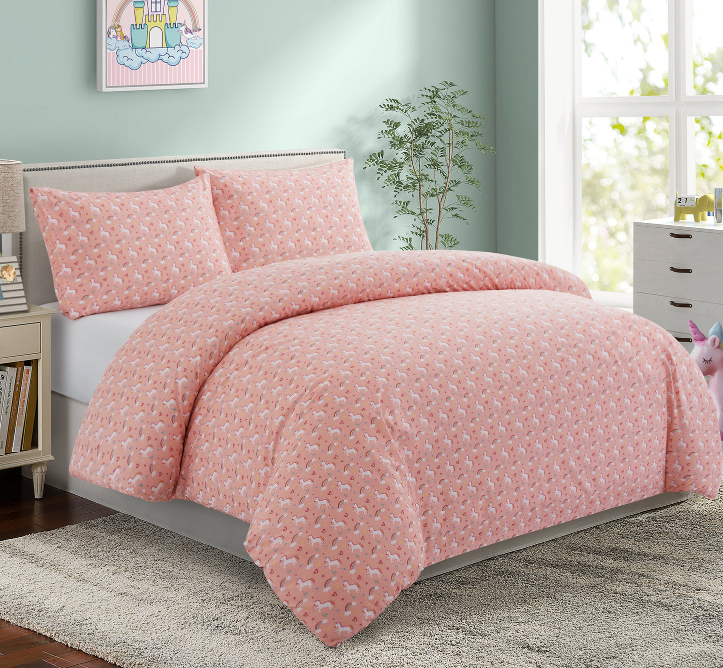 Kids Girls Printed 600 Thread Count Soft Cotton Percale Duvet Cover Set with Corner Tie and Zipper, Pink Unicorn Rainbow